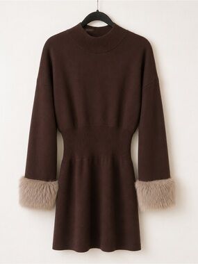 Anthropologie Faux Fur Cuff Sweater Mini Dress | Chocolate Brown - Size Small